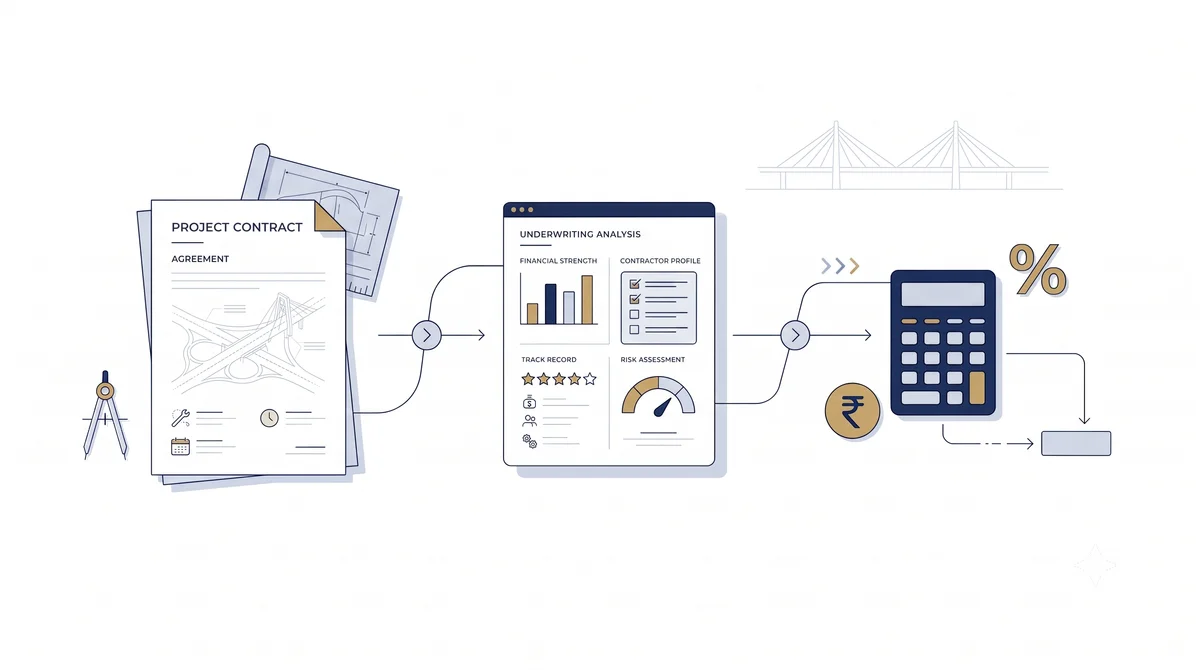 Contractor's project contract moving through underwriting analysis to a Surety Bond premium calculation